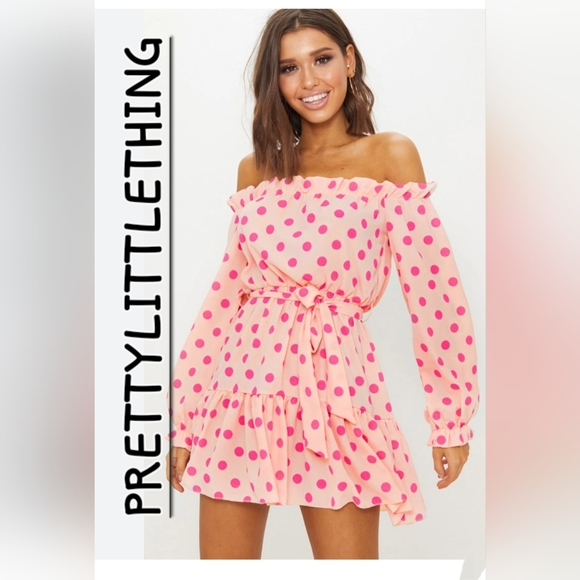 PrettyLittleThing Dresses & Skirts - PRETTYLITTLE THINGS Dusty Pink Polka Dot Bardot Tie Waist Shift Dress SIZE 8